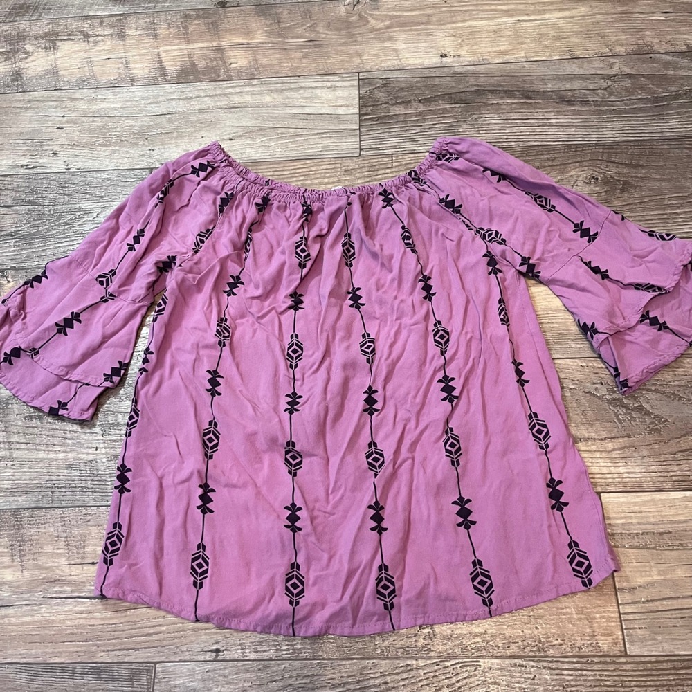 Lascana for Venus Purple Tribal Geometric Off Shoulder Bell Sleeve Blouse Med